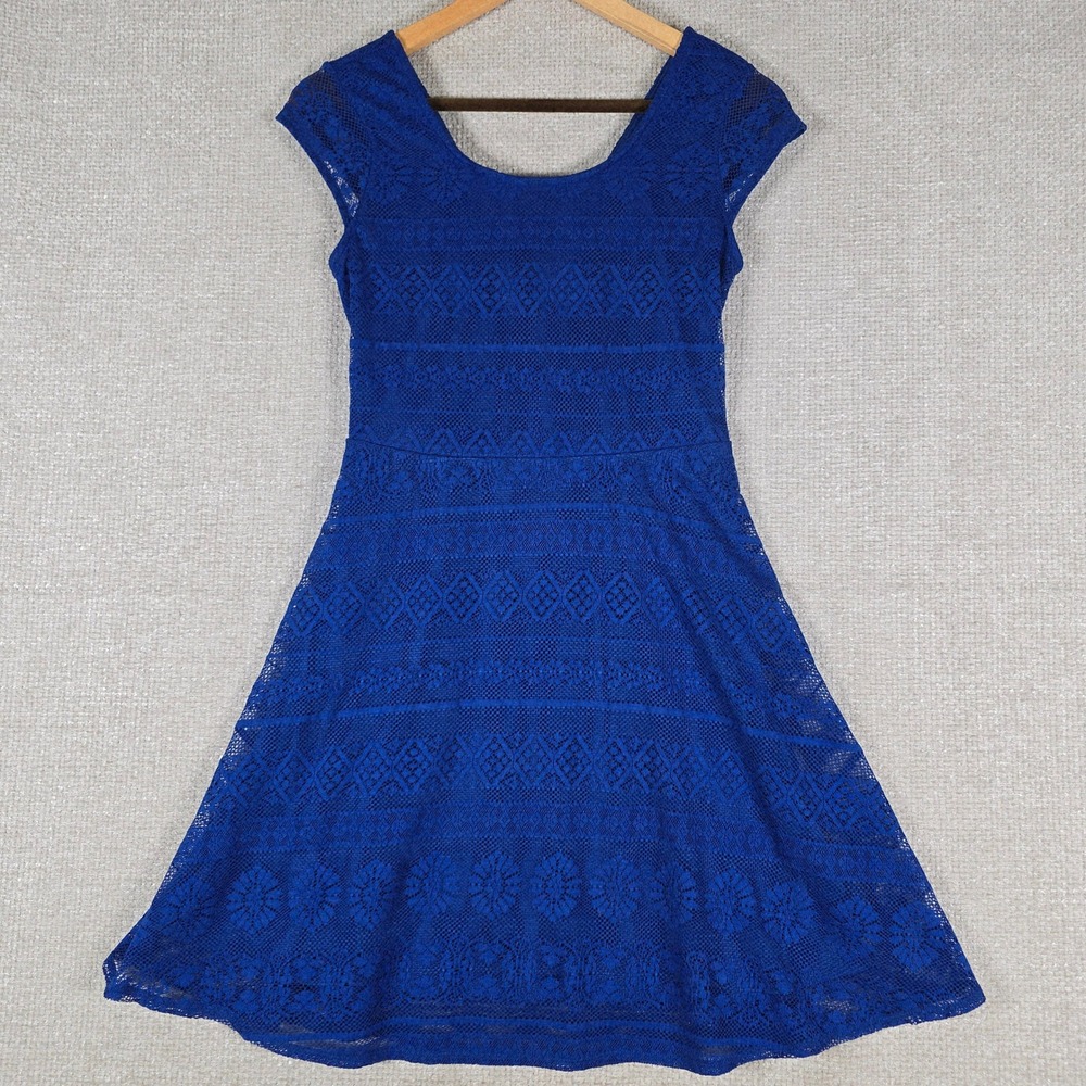 Xhilaration Royal Blue Lace Fit & Flare Dress Back Cutout Cap Sleeve Small P